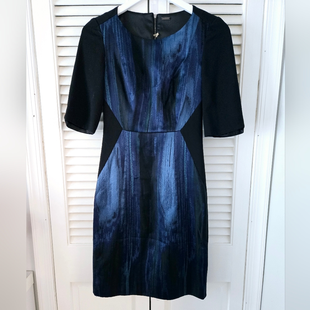 Elie Tahari Blue Metallic Watercolor Sheath Dress Size 0 - Picture 3 of 10